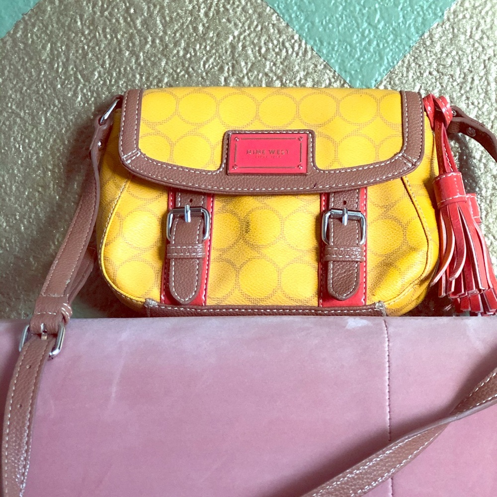 Nine West small crossbody bag - mustard/tan/coral